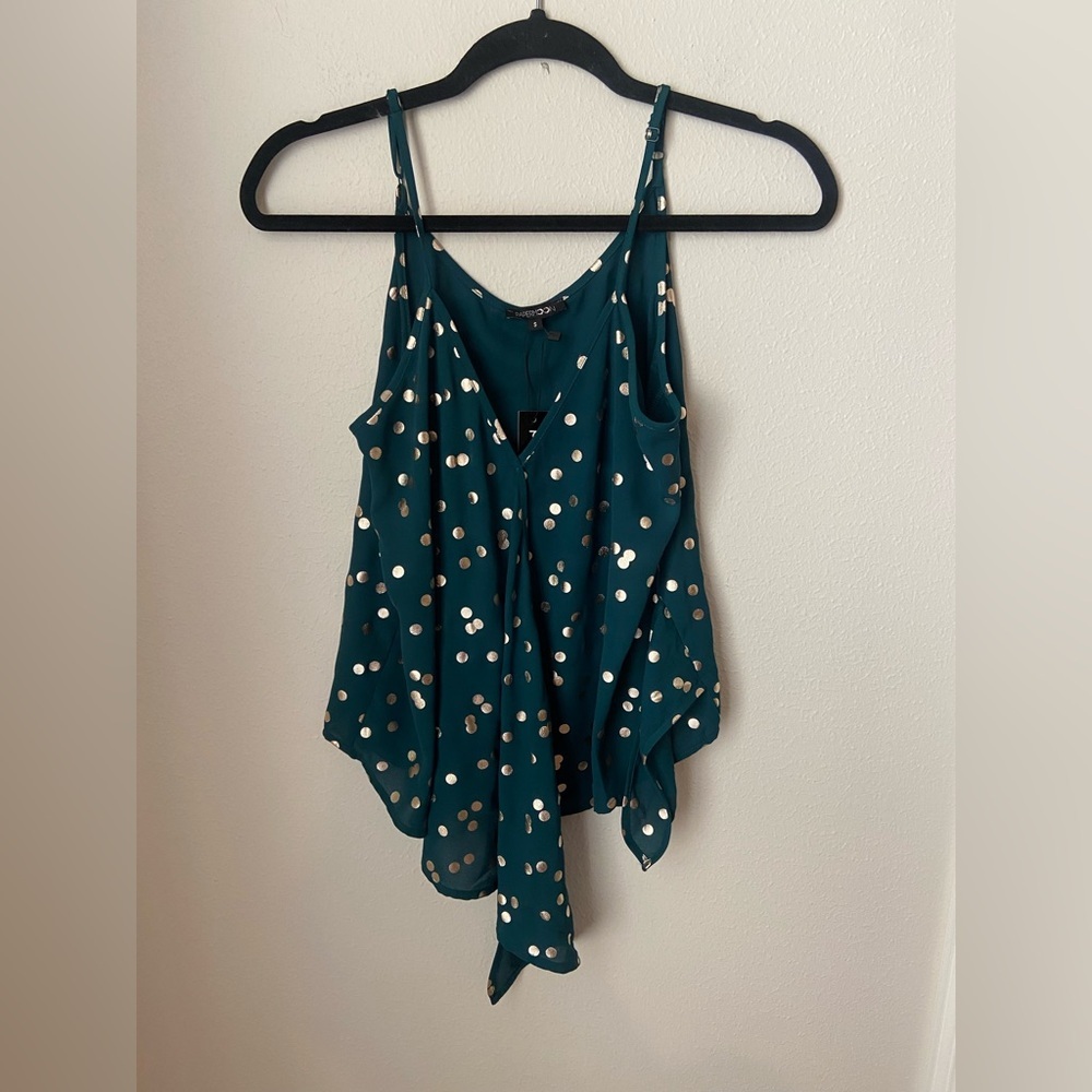 Paper Moon Teal Metallic Polka Dot Asymmetrical Cami Tank Top Size Small NWT